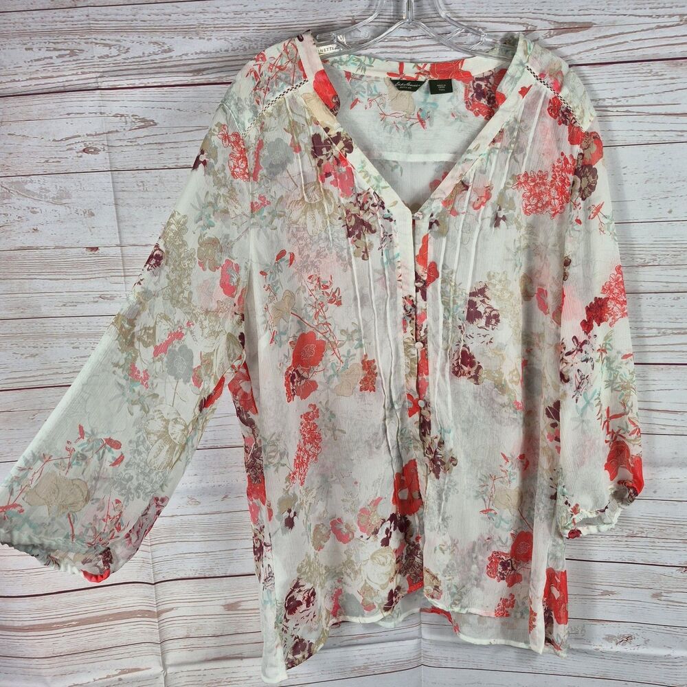 Eddie Bauer Top Sz TXXL Sheer Floral Button Up Blouse White Orange Boho Comfy